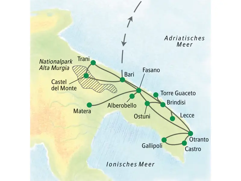 Routenverlauf der Studiosus Studienreise in Apulien von Bari über Matera und Otranto nach Lecce und Brindisi.