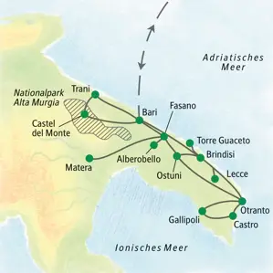Routenverlauf der Studiosus Studienreise in Apulien von Bari über Matera und Otranto nach Lecce und Brindisi.