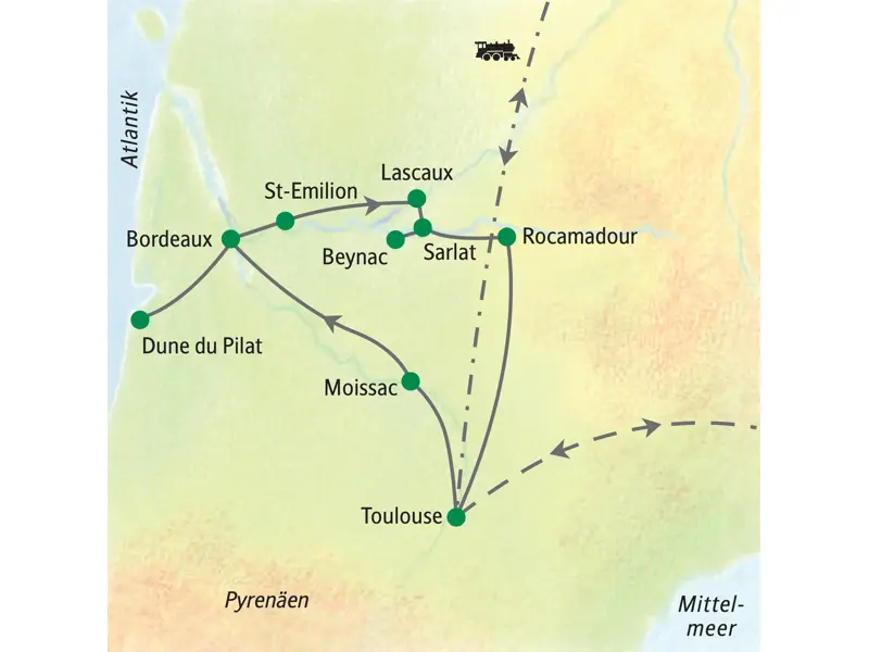 Routenverlauf der Studiosus Studienreise in Südwestfrankreich von Toulouse über Bordeaux, St-Emilion, Sarlat und Rocamadour.
