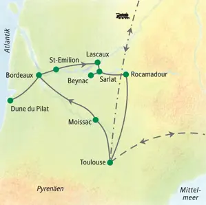Routenverlauf der Studiosus Studienreise in Südwestfrankreich von Toulouse über Bordeaux, St-Emilion, Sarlat und Rocamadour.