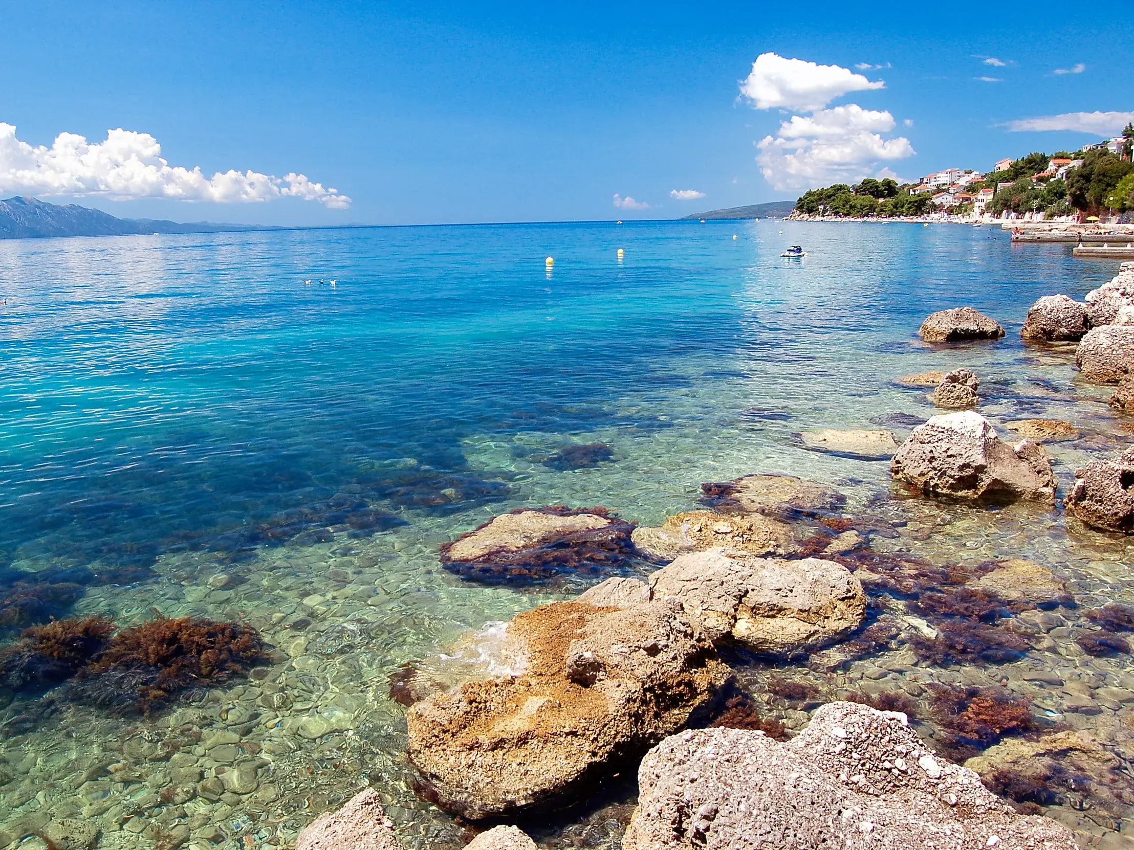Felsige Küste mit kristallklarem, türkisfarbenem Wasser der Adria bei Split an einem sonnigen Tag in Kroatien.