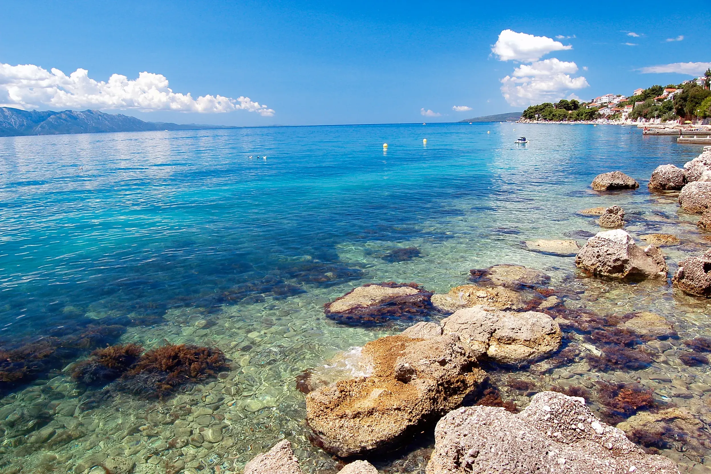Felsige Küste mit kristallklarem, türkisfarbenem Wasser der Adria bei Split an einem sonnigen Tag in Kroatien.