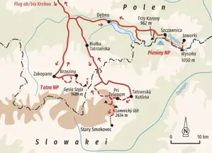 Routenverlauf unserer Wanderreise in Polen: von Krakau über Zakopane, die Hohe Tatra und den Pieniny-Nationalpark.