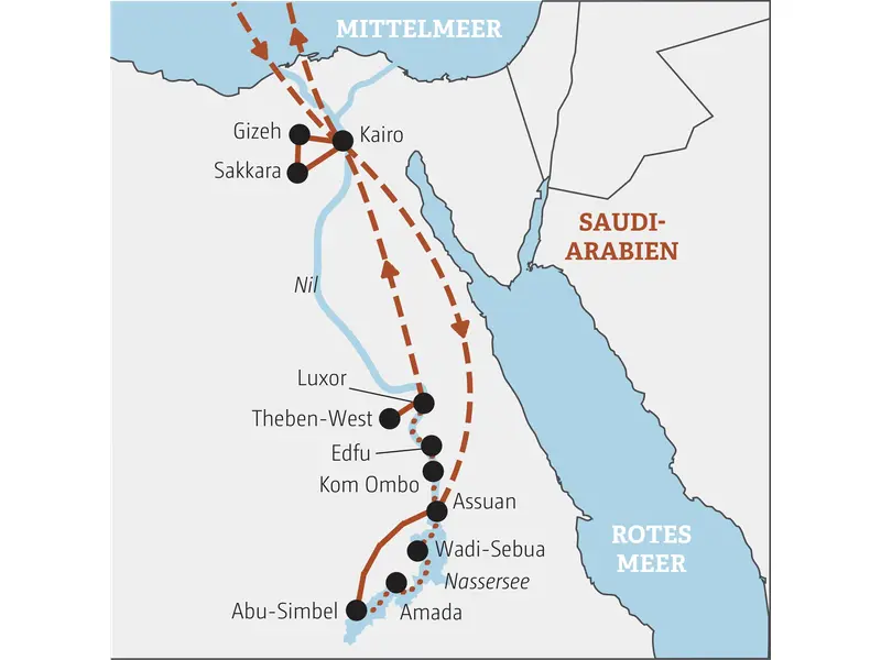 Karte der Kleingruppenreise in Ägypten: Die Route führt von Kairo und Gizeh über Abu Simbel und Assuan bis nach Luxor.