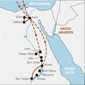 Karte der Kleingruppenreise in Ägypten: Die Route führt von Kairo und Gizeh über Abu Simbel und Assuan bis nach Luxor.