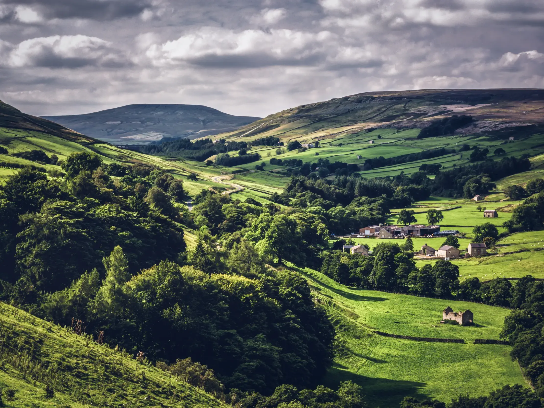 Weite, grüne Hügellandschaft im Yorkshire Dales Nationalpark mit einem Dorf im Tal, Steinmauern und einer Ruine.