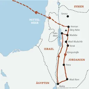 Karte unserer Marco Polo Reise in Jordanien: Route von Amman über Petra und Wadi Ram nach Akaba und zurück zum Toten Meer.