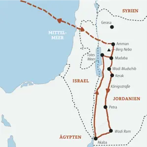 Karte unserer Marco Polo Reise in Jordanien: Route von Amman über Petra und Wadi Ram nach Akaba und zurück zum Toten Meer.