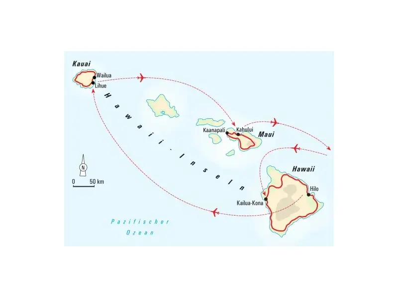 Reiseroute der Hauser Wanderreise auf Hawaii. Die Tour führt über die Inseln Big Island, Kauai und abschließend Maui.