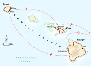Reiseroute der Hauser Wanderreise auf Hawaii. Die Tour führt über die Inseln Big Island, Kauai und abschließend Maui.