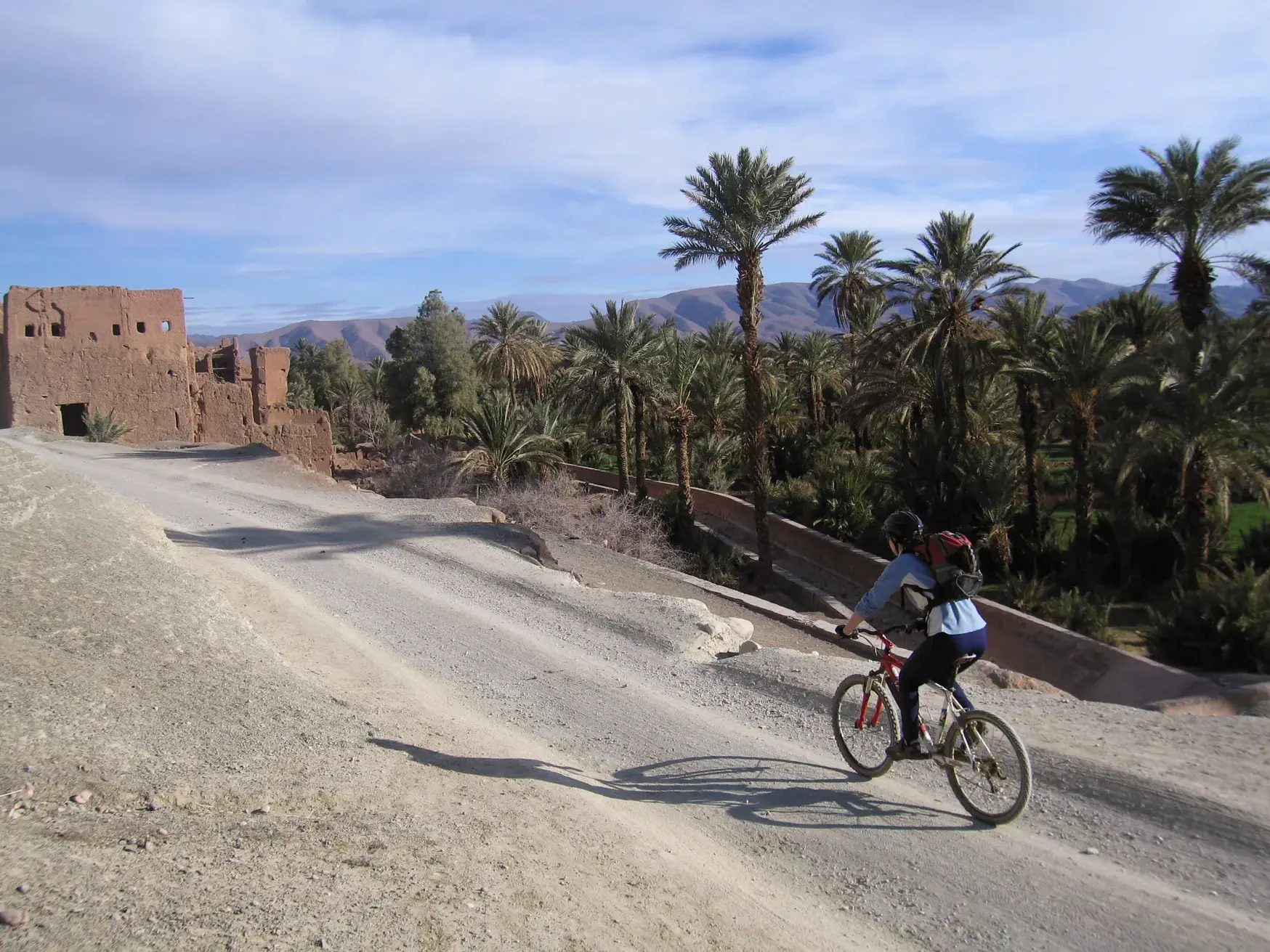 Mountainbiker auf einer Schotterpiste entlang einer grünen Palmenoase und einer alten Lehm-Kasbah im Atlasgebirge Marokkos.