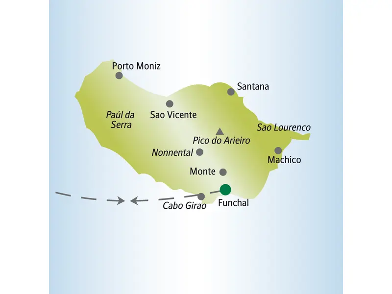 Reiseroute der Studiosus Studienreise auf Madeira: Von Funchal nach Porto Moniz, Pico do Arieiro, Santana und Sao Lourenco.