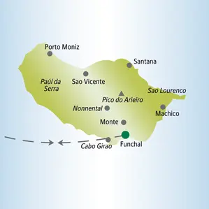 Reiseroute der Studiosus Studienreise auf Madeira: Von Funchal nach Porto Moniz, Pico do Arieiro, Santana und Sao Lourenco.