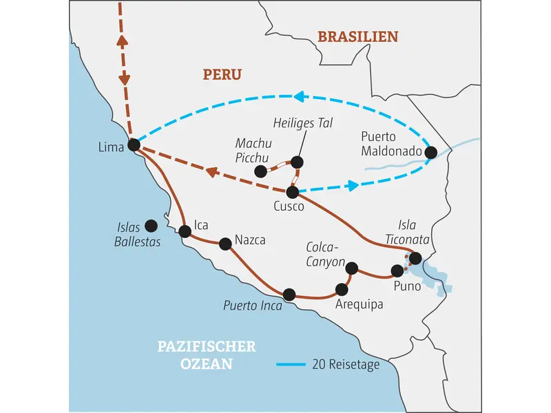 Karte der Marco Polo YOUNG LINE TRAVEL Gruppenreise für junge Leute in Peru: Route von Lima über Ica, Arequipa, Cusco, Machu Picchu und zum Titicacasee.