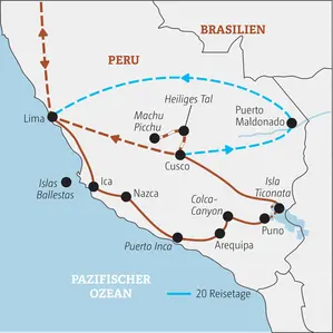 Karte der Marco Polo YOUNG LINE TRAVEL Gruppenreise für junge Leute in Peru: Route von Lima über Ica, Arequipa, Cusco, Machu Picchu und zum Titicacasee.