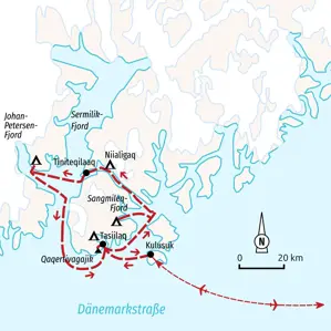 Routenverlauf der Trekkingreise durch Ostgrönlands Fjordlandschaft von Kulusuk über Tasiilaq, Niialigaq und Tiniteqilaaq.