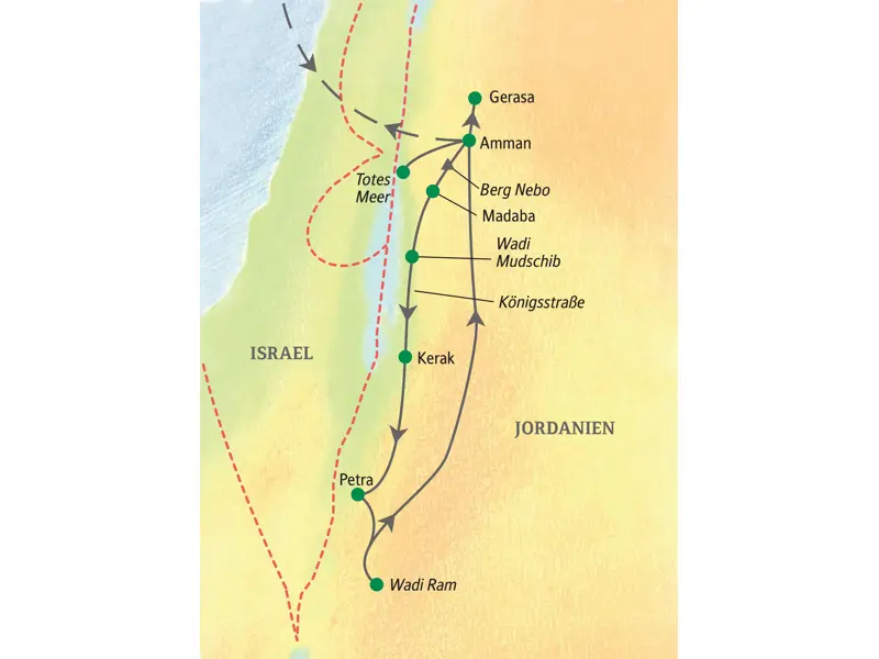 Karte der Studienreise durch Jordanien: Die Route führt von Amman über Gerasa, das Tote Meer, Petra und das Wadi Ram.