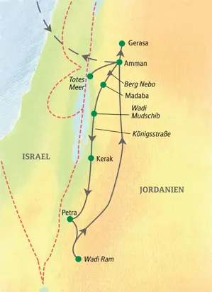 Karte der Studienreise durch Jordanien: Die Route führt von Amman über Gerasa, das Tote Meer, Petra und das Wadi Ram.