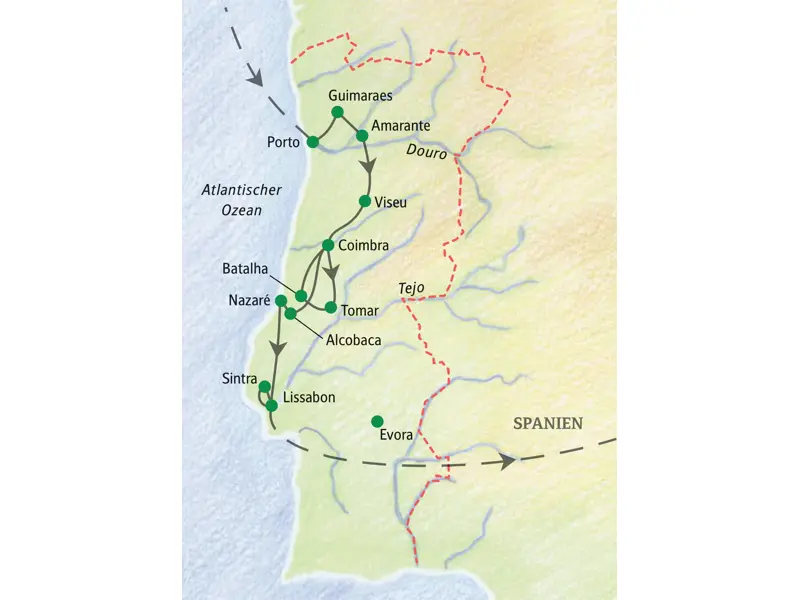 Reiseroute der Studiosus Studienreise durch Portugal von Porto über Guimaraes, Coimbra und Sintra nach Lissabon.