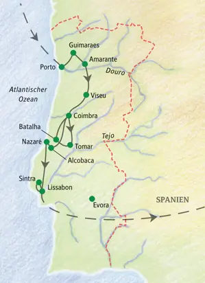 Reiseroute der Studiosus Studienreise durch Portugal von Porto über Guimaraes, Coimbra und Sintra nach Lissabon.
