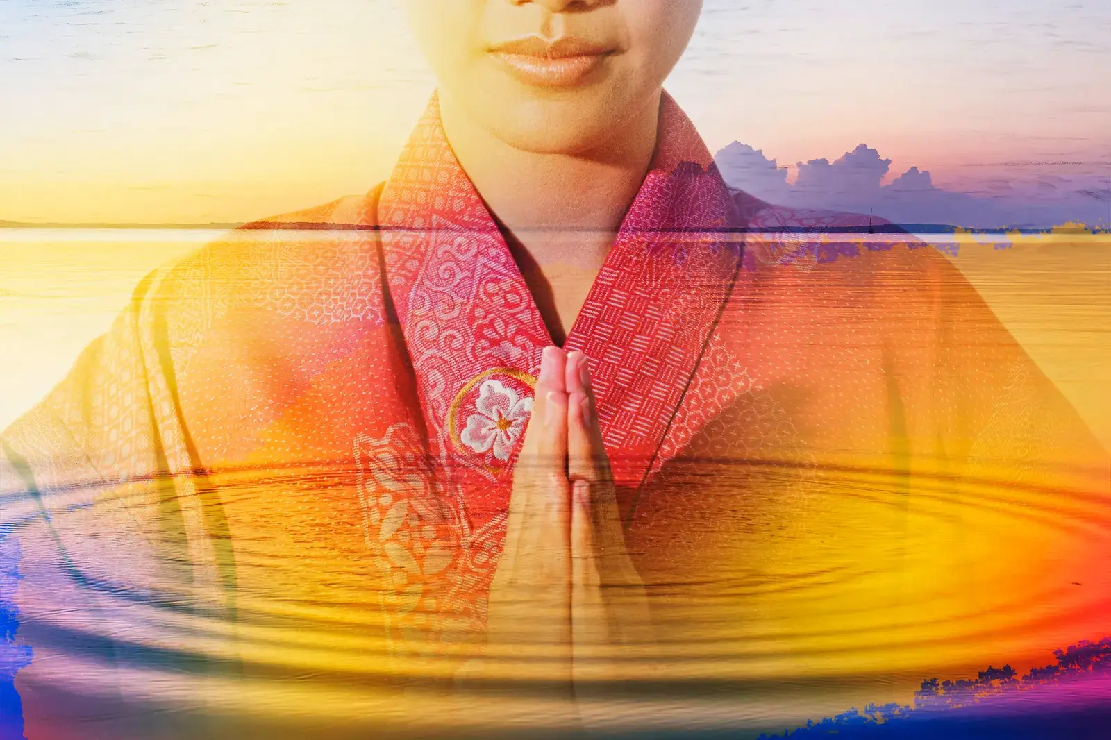 Eine Frau im traditionellen Kimono mit gefalteten Händen, symbolisch überlagert von einer japanischen Küstenlandschaft.