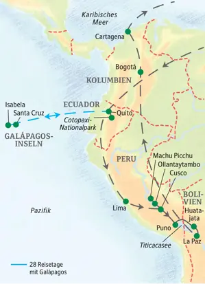 Karte der Studiosus-Studienreise durch die Andenländer von Quito über Lima, Cusco, Titicacasee und La Paz bis nach Bogotá.
