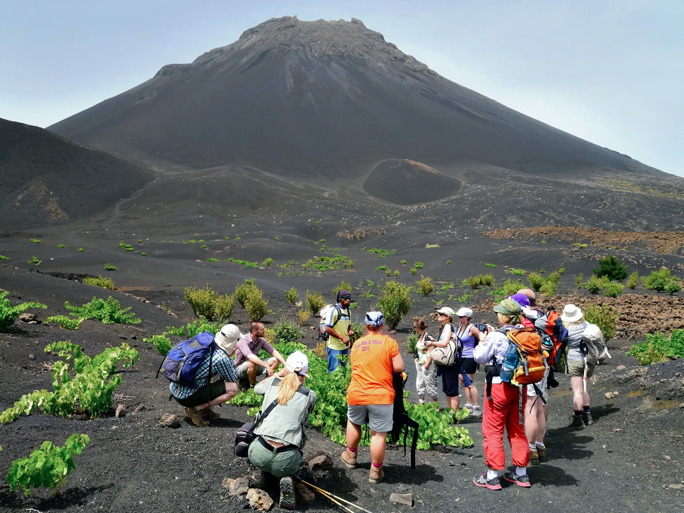 Eine geführte Wandergruppe entdeckt den Weinanbau in der schwarzen Vulkanerde der Chã das Caldeiras vor dem Pico do Fogo.