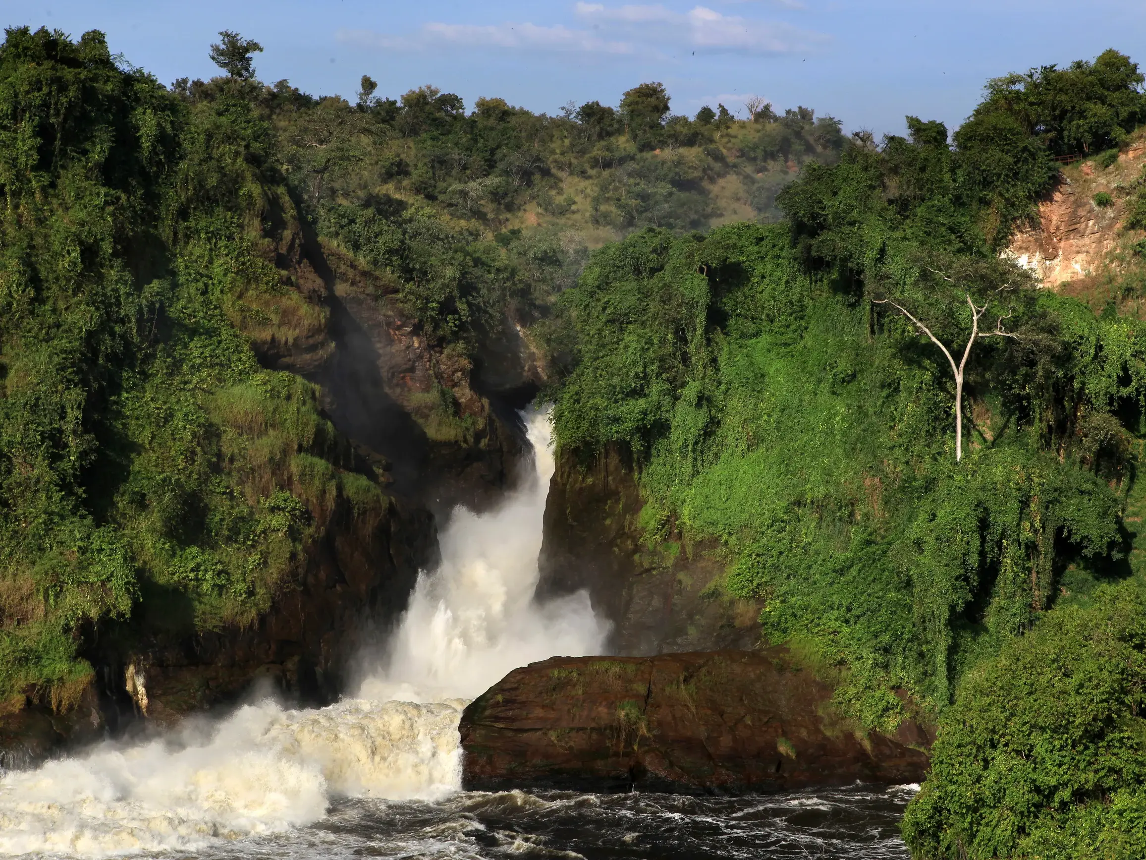Blick vom Boot auf die tosenden Murchison Falls, die durch eine grüne Schlucht im Nationalpark von Uganda stürzen.