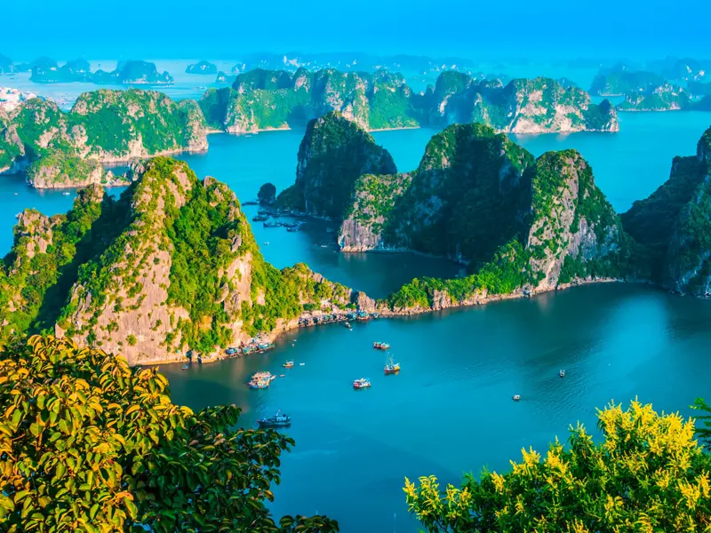 Weite Aussicht auf die smaragdgrüne Halongbucht in Vietnam mit ihren bizarren, grünen Kalksteininseln und kleinen Booten.