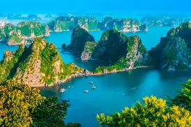 Weite Aussicht auf die smaragdgrüne Halongbucht in Vietnam mit ihren bizarren, grünen Kalksteininseln und kleinen Booten.