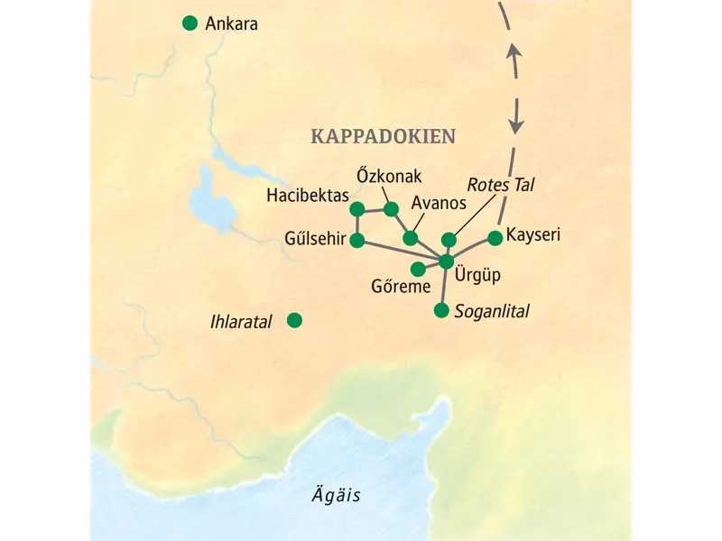 Karte der Studiosus Studienreise in Kappadokien. Die Route führt von Kayseri über Ürgüp, Göreme, Avanos und Özkonak.