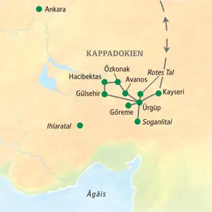 Karte der Studiosus Studienreise in Kappadokien. Die Route führt von Kayseri über Ürgüp, Göreme, Avanos und Özkonak.