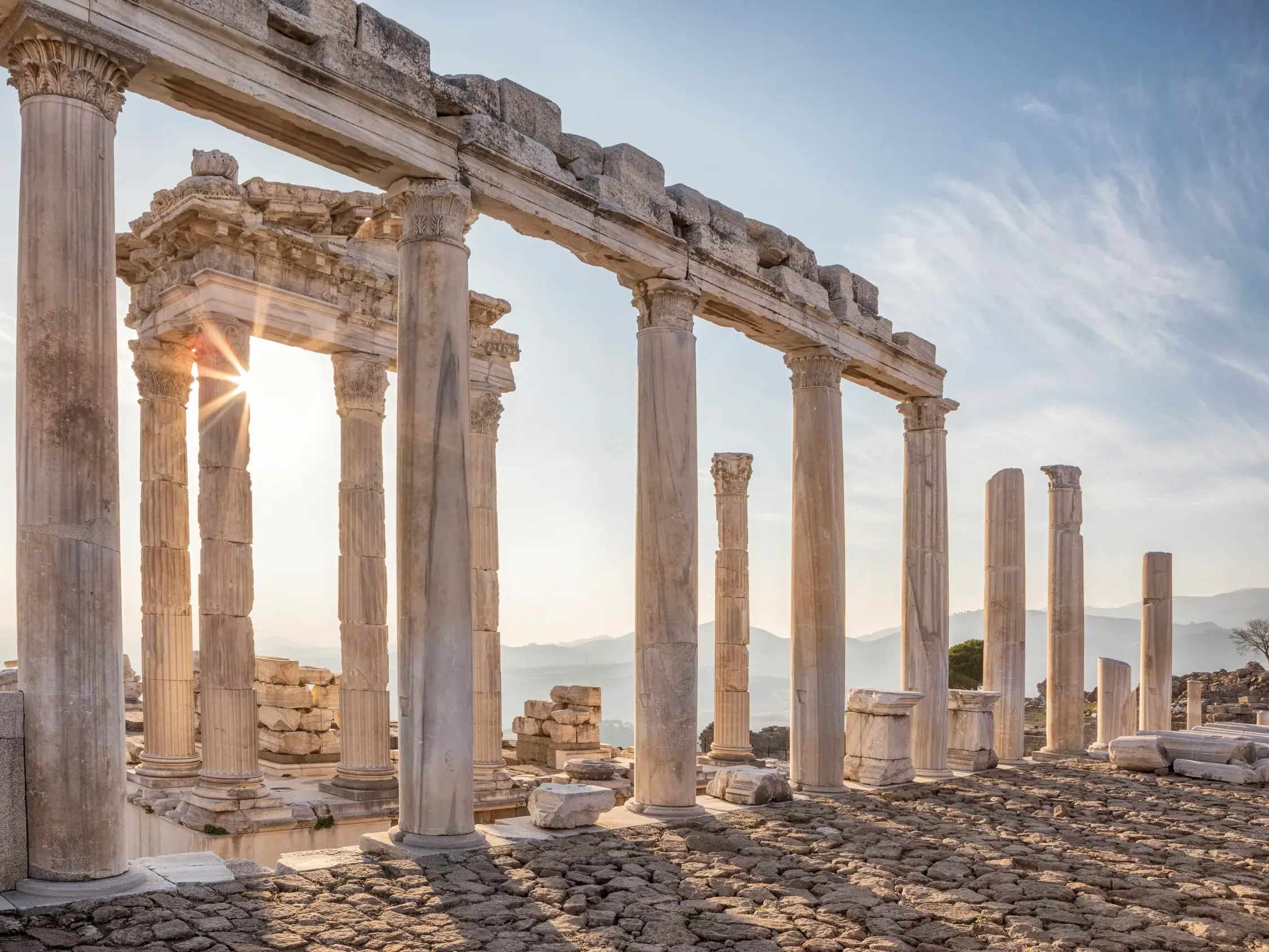 Antike Säulenruinen auf dem Burgberg von Pergamon, von der tiefstehenden Sonne in goldenes Licht getaucht.