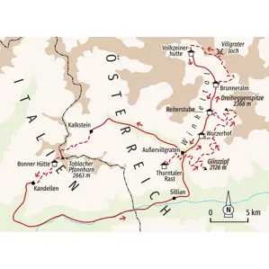 Routenkarte der Wanderreise im Villgratental. Tägliche Touren führen vom Wurzerhof zu Gipfeln wie dem Toblacher Pfannhorn.