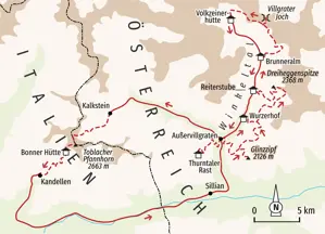 Routenkarte der Wanderreise im Villgratental. Tägliche Touren führen vom Wurzerhof zu Gipfeln wie dem Toblacher Pfannhorn.