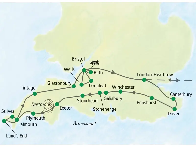 Karte der Studiosus-Studienreise durch Südengland: Route von London über Canterbury, Stonehenge, Cornwall und Bath nach Bristol.