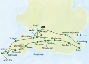 Karte der Studiosus-Studienreise durch Südengland: Route von London über Canterbury, Stonehenge, Cornwall und Bath nach Bristol.
