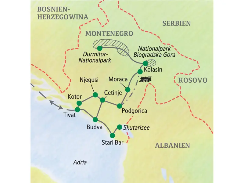 Karte der Studienreise durch Montenegro mit der Route von Tivat über Kotor, Kolasin, Podgorica, Budva und Stari Bar.