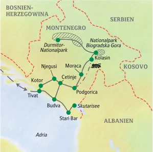 Karte der Studienreise durch Montenegro mit der Route von Tivat über Kotor, Kolasin, Podgorica, Budva und Stari Bar.