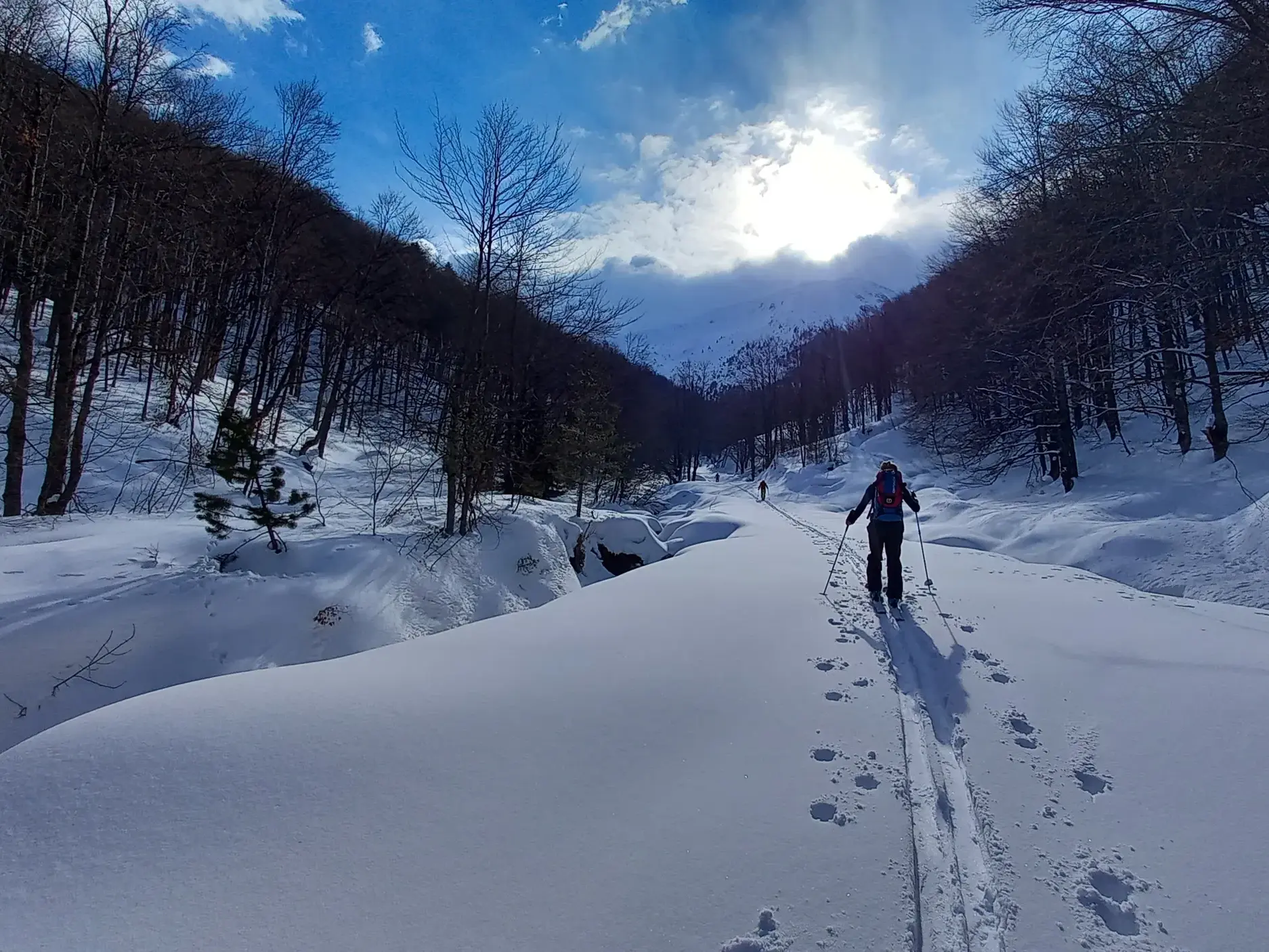 Ein Skitourengeher bahnt sich seinen Weg durch ein sonniges, verschneites Hochtal im albanischen Korab-Koritnik Gebirge.