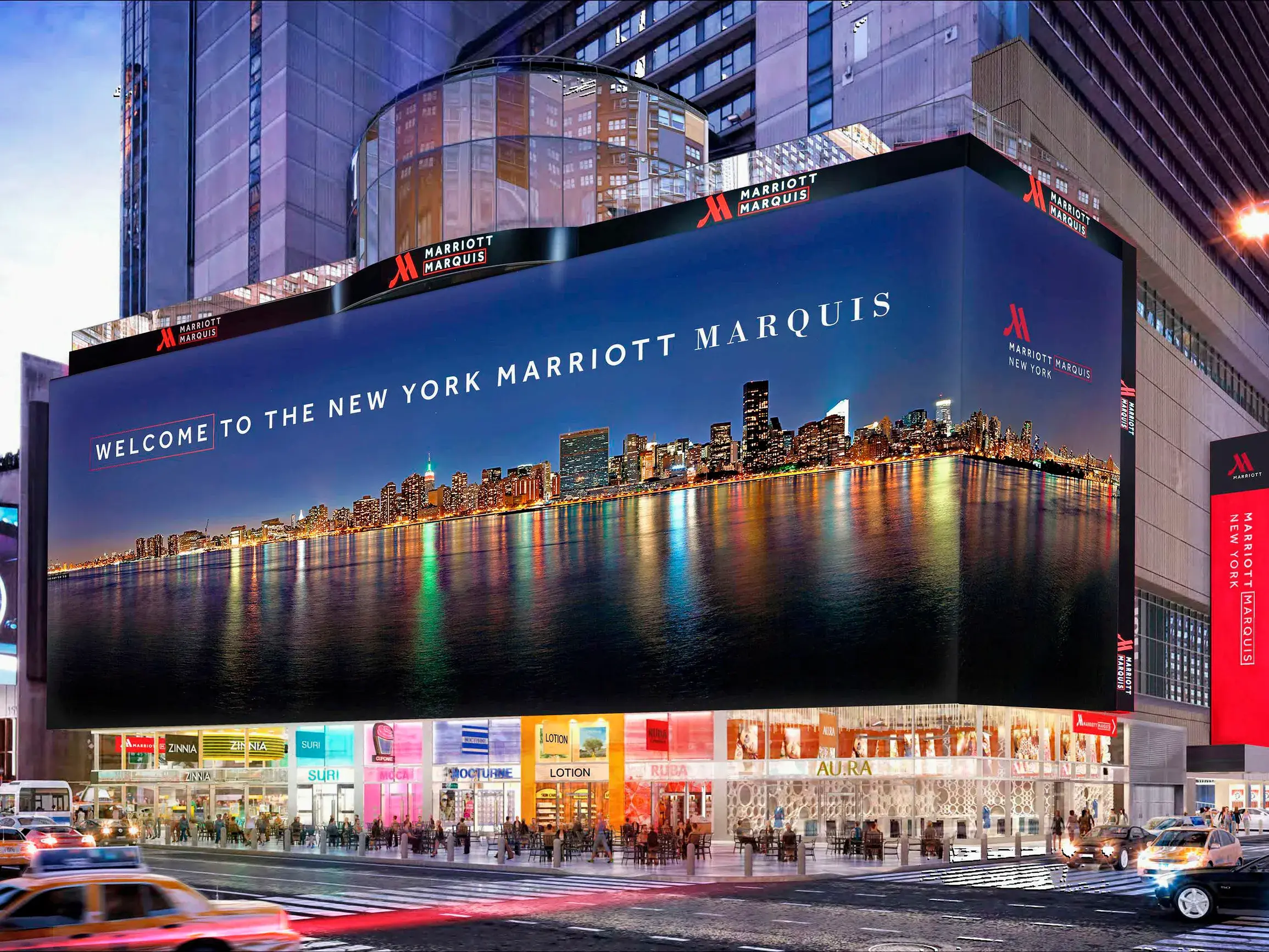Ihr Hotel: Außenansicht des New York Marriott Marquis Hotels am belebten Times Square bei Dämmerung.