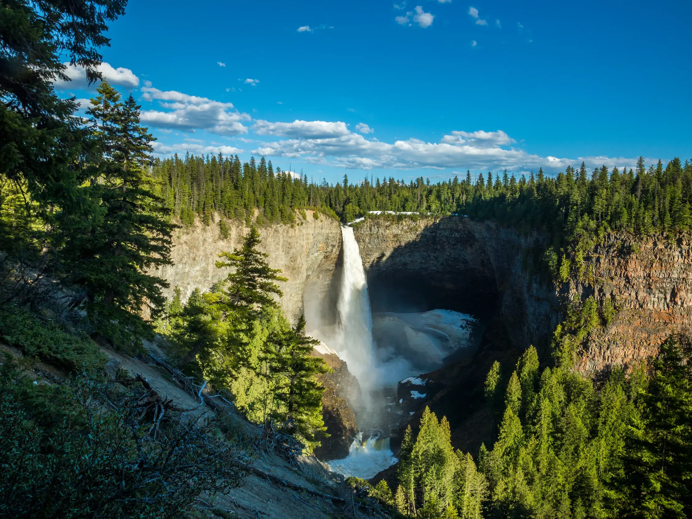 Die 137 Meter hohen Helmcken Falls im Wells Gray Provincial Park stürzen in eine bewaldete Felsenschlucht in British Columbia.
