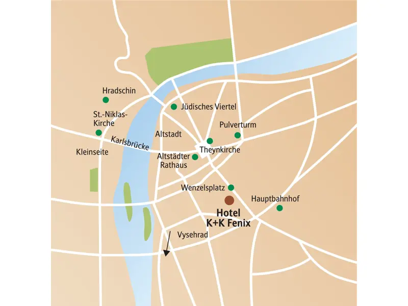 Karte der Studiosus-Städtereise Prag: Lage des Hotels K+K Fenix nahe Wenzelsplatz, Altstadt, Karlsbrücke und Hradschin.