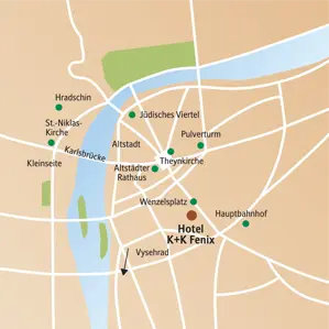 Karte der Studiosus-Städtereise Prag: Lage des Hotels K+K Fenix nahe Wenzelsplatz, Altstadt, Karlsbrücke und Hradschin.