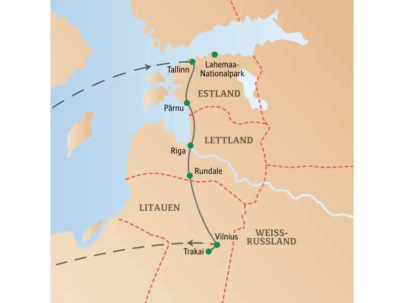 Übersichtskarte der Baltikum-Studienreise mit Route von Tallinn über Pärnu, Riga und Rundale bis nach Vilnius in Litauen.