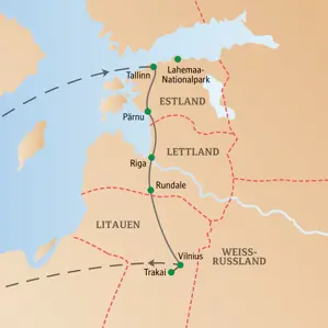 Übersichtskarte der Baltikum-Studienreise mit Route von Tallinn über Pärnu, Riga und Rundale bis nach Vilnius in Litauen.
