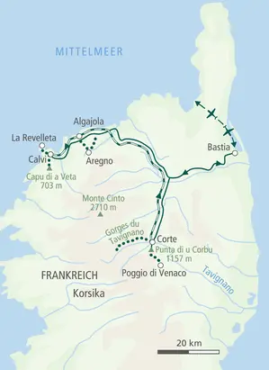 Reiseroute der Wanderreise auf Korsika: von Bastia nach Corte und Calvi mit Wanderungen in der Tavignanu-Schlucht und bei La Revellata.