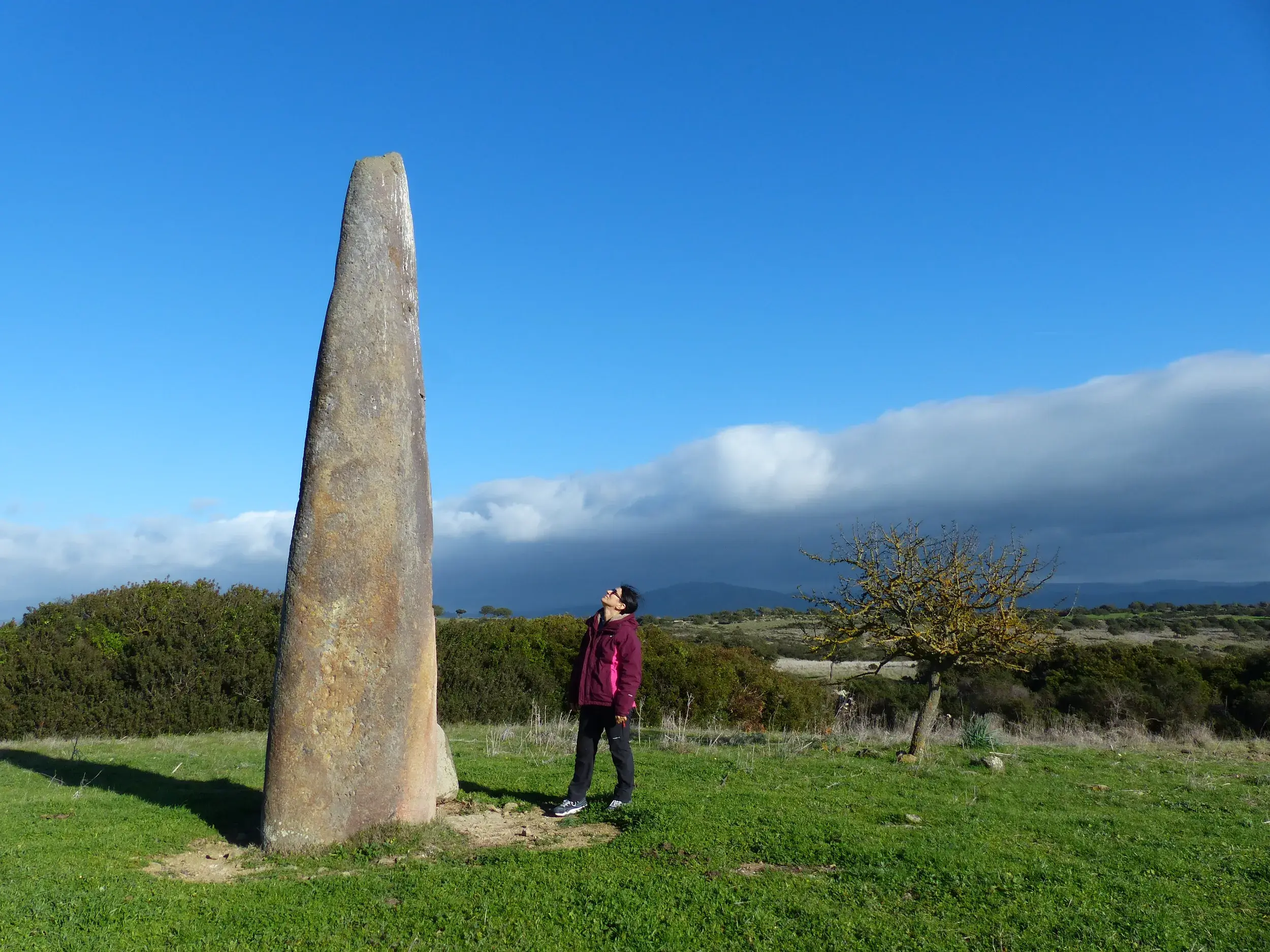 Eine Wanderin betrachtet den beeindruckenden Menhir Monte Curru Tundu auf einer grünen Wiese in der Hügellandschaft Sardiniens.