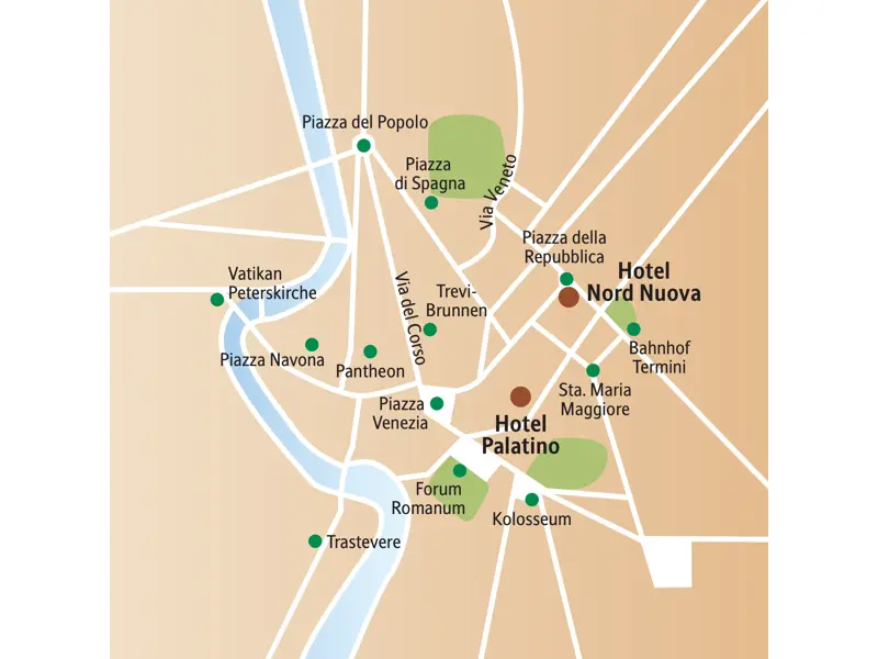 Karte der Studiosus-Studienreise nach Rom: Lage der Hotels und Highlights wie Kolosseum, Pantheon und Peterskirche.
