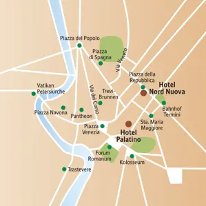 Karte der Studiosus-Studienreise nach Rom: Lage der Hotels und Highlights wie Kolosseum, Pantheon und Peterskirche.